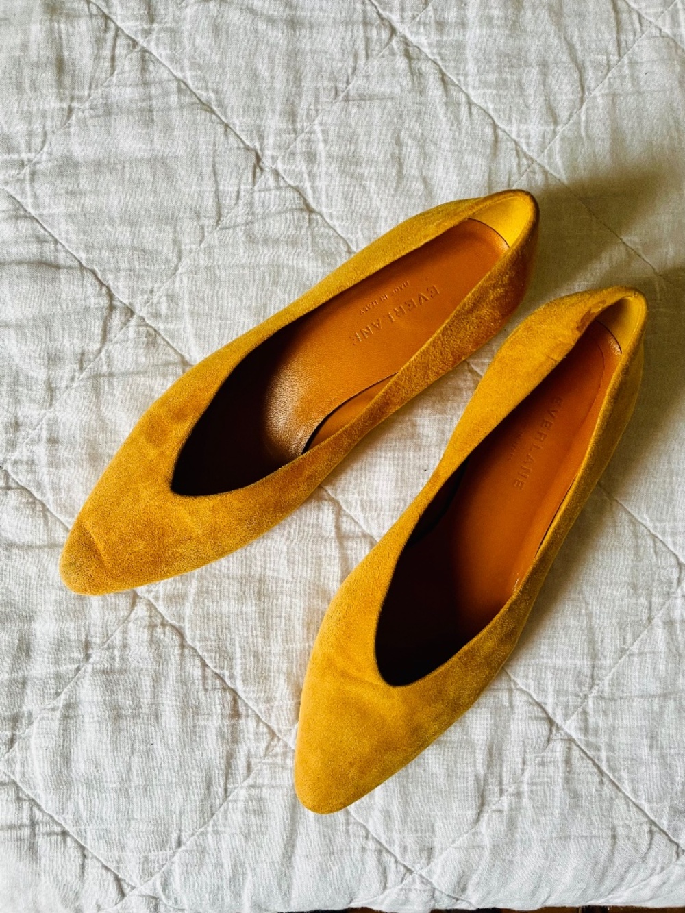 Everlane mustard suede heels 7.5